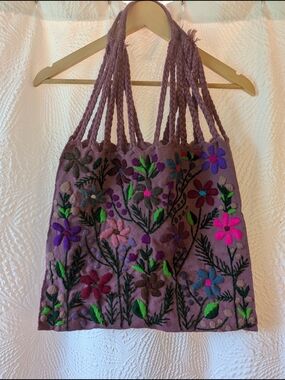 Hand-Embroidered Purple Floral Tote Bag